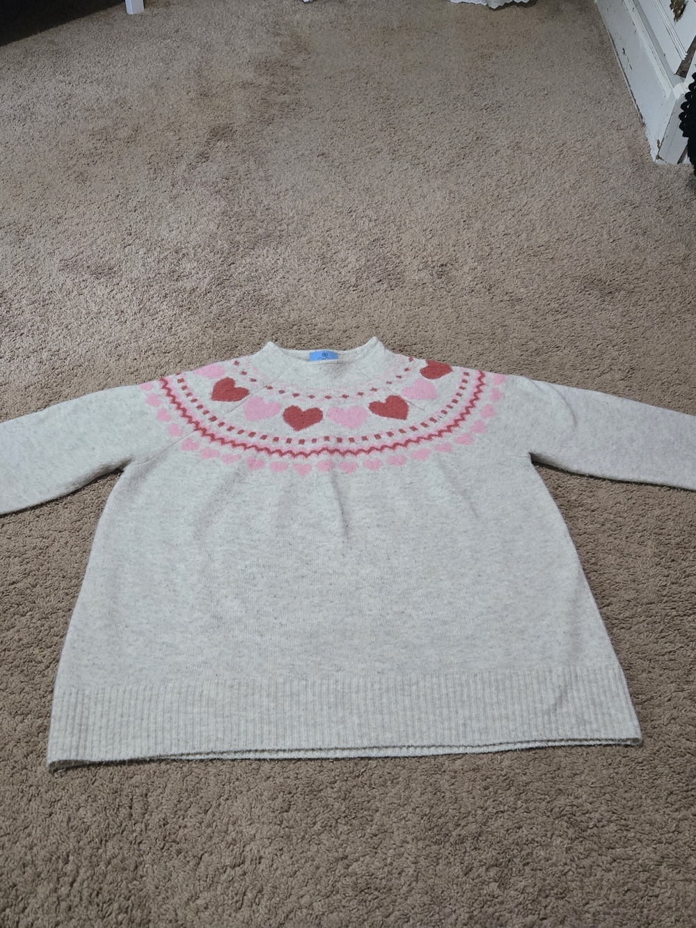CeCe Cream Crewneck Sweater with Pink and Rose Heart Yoke